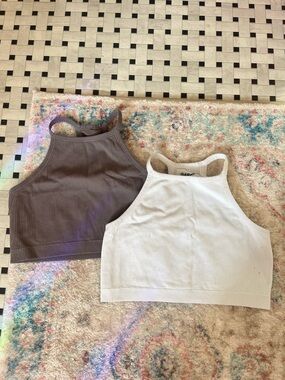 Garage Ribbed High Neck Crop Tank Duo - White & Brown